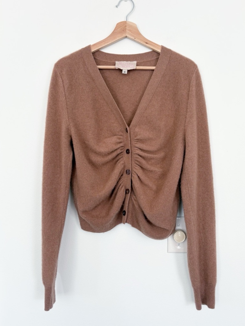 Rose & Crown || Ruched Cashmere Cardigan‎ Sweater in Dusty Rose Taupe Medium